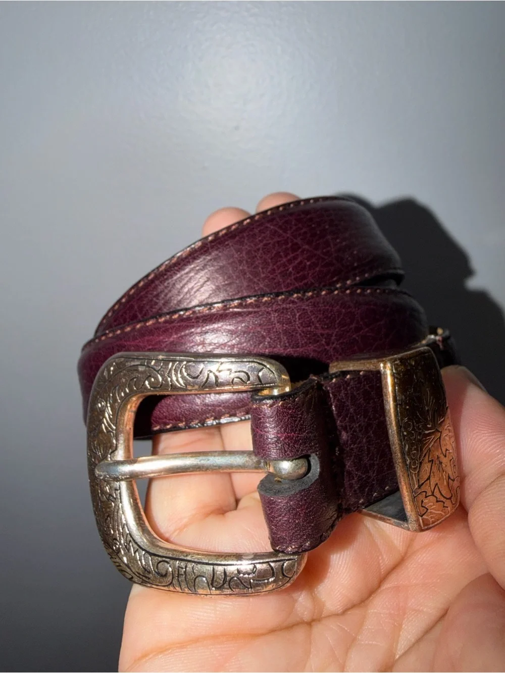Full Grain Cowhide Leather Belt 36 Burgundy Silver Tone Buckle USA Style